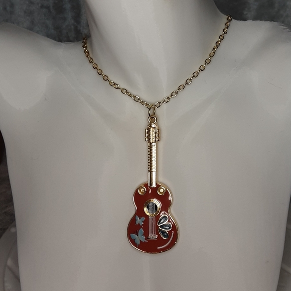 Hand Crafted Jewelry - Handmade Guitar Necklace With Blue Rhinestones And Butterflies 20" Long Chain